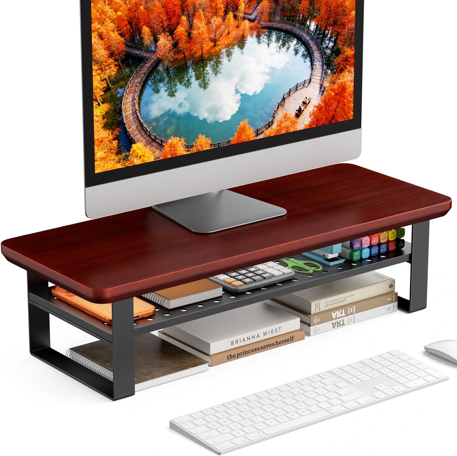Monitor Stand Riser, 24 Inch Computer Monitor Stand for Desk, 2-Tier Wood Desk Shelf Organizer with Storage, Desktop Stand for Laptop/Screen/PC/Printer, Ergonomic Home Office Monitor Stand