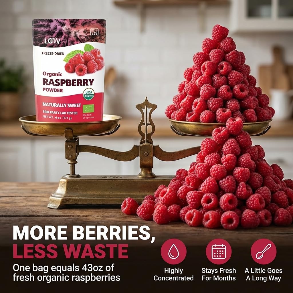 Organic Freeze-Dried Raspberry Powder – 100% Natural Whole Fruit, Certified Organic Red Raspberries – Perfect for Smoothies, Shakes & Baking – Non-GMO, No Added Sugar – 6oz (33 Servings)