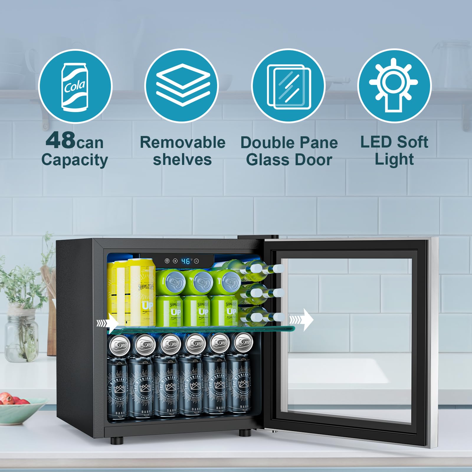 Electactic 48 Can Beverage Refrigerator,12 Bottle Wine Cooler With Stainless Steel Glass Door, Digital Temperature Display, Countertop Mini Fridge For Soda, Wine Or Beer, Silver on Fridge.com - View 4