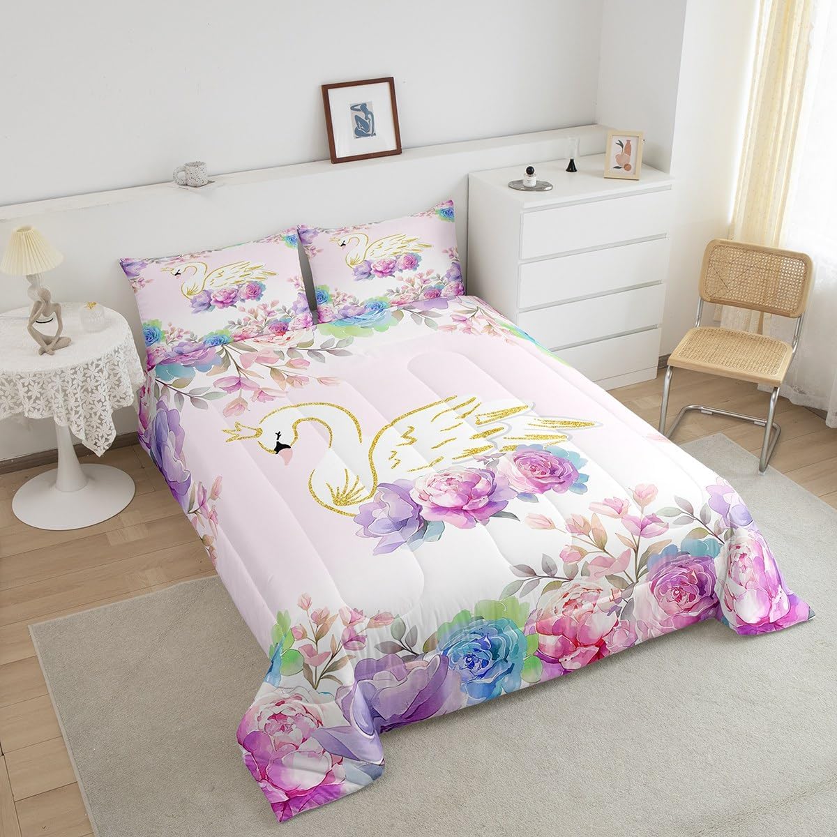 Dreamy Swan Crown Boys Girls Comforter Set,Fairy Tale Floral Duvet Set for Room Decor,Pink Girly Flowers Brushed Microfiber Soft Quilt Cover,Full