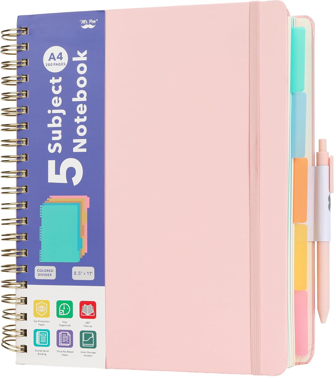 Mr. Pen- Hardcover Spiral Journal Notebook With Removable Dividers & Tabs | Pink, 8.5"x11", 280 Pages, A4, College Ruled Notebooks with Pen and Sticky Tabs, 5 Subject Notebook for Work, Daily Planning
