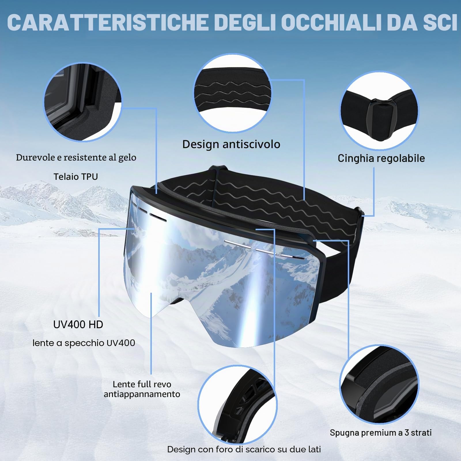 Occhiali da Sci,YH359 Maschera da Sci OTG per Unisex Anti-UV400 Anti Nebbia Antivento Antipolvere Occhiali da Neve per Ski Ciclismo Moto Sport All'aria Aperta
