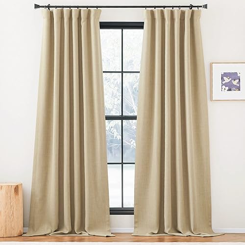 NICETOWN Faux Linen Room Darkening Bedroom Curtains 2 Panels, Pinch Pleated Light Blocking Thermal Curtains Sound Reducing Window Treatments for Living Room, Oatmeal, W50 x L102