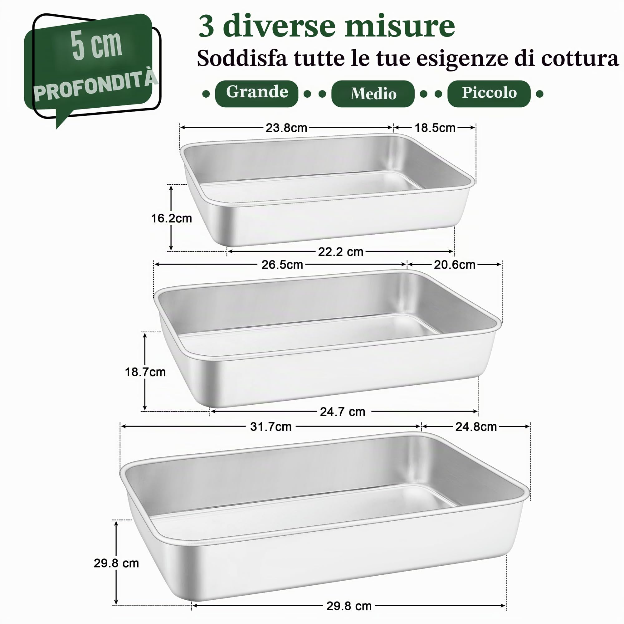 Joyfair Set di 3 teglie da forno in acciaio inox, rettangolari, profonde, per arrostire e servire, resistenti, antiruggine e facili da pulire, 3 diverse dimensioni