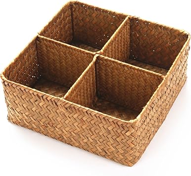 Woven Seagrass Storage Basket with 4 Divided Sections, Wicker Basket Bin Box Organizer for Countertops/Closet/Shelf/Dresser