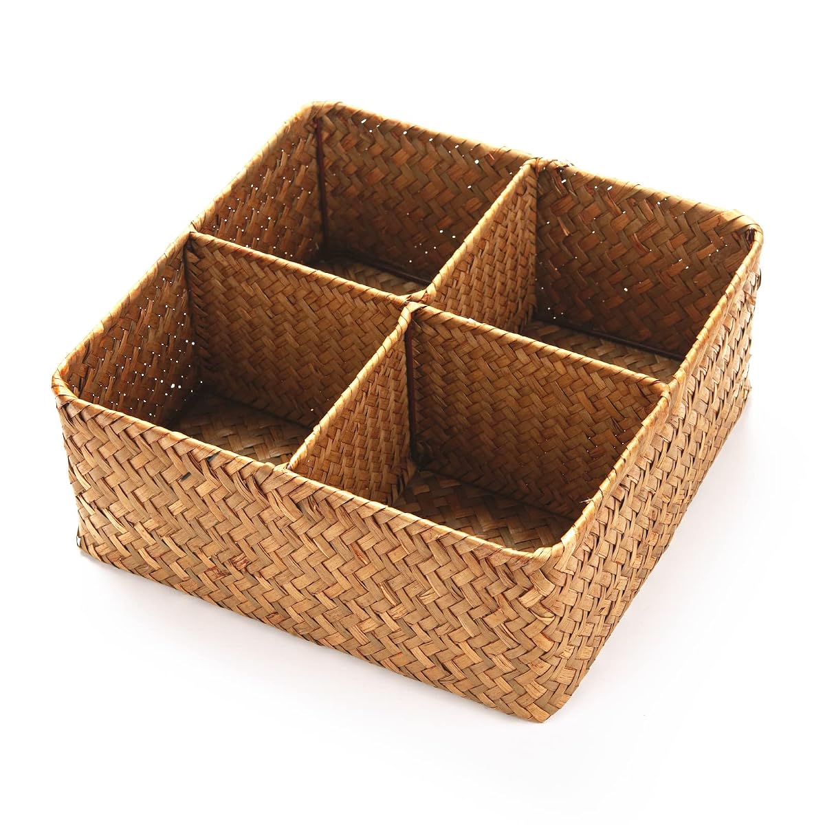 Woven Seagrass Storage Basket with 4 Divided Sections, Wicker Basket Bin Box