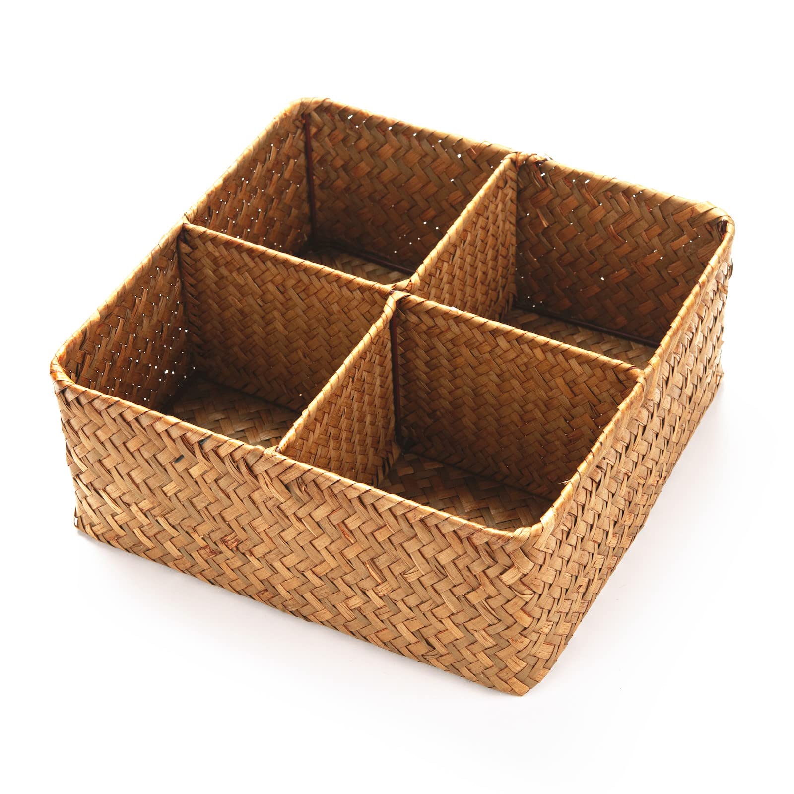Woven Seagrass Storage Basket with 4 Divided Sections, Wicker Basket Bin Box