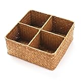 Woven Seagrass Storage Basket with 4 Divided Sections, Wicker Basket Bin Box Organizer for Countertops/Closet/Shelf/Dresser
