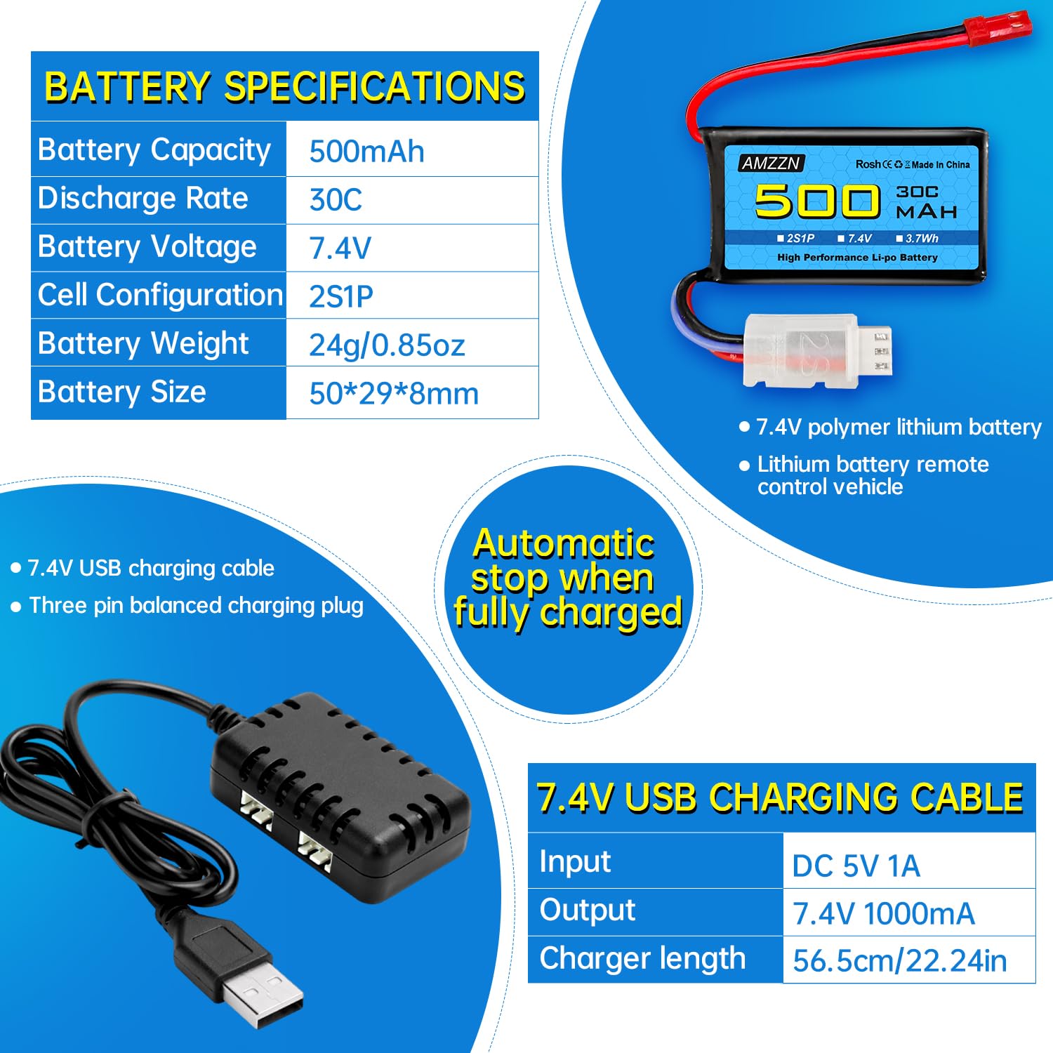 2PCS 7.4V 500mAh 30C JST-2P Lipo spina della batteria con caricabatterie 2-in-1 adatto per elicotteri RC, quadcopter, auto da corsa micro FPV, auto RC, camion e veicoli ad alta velocità