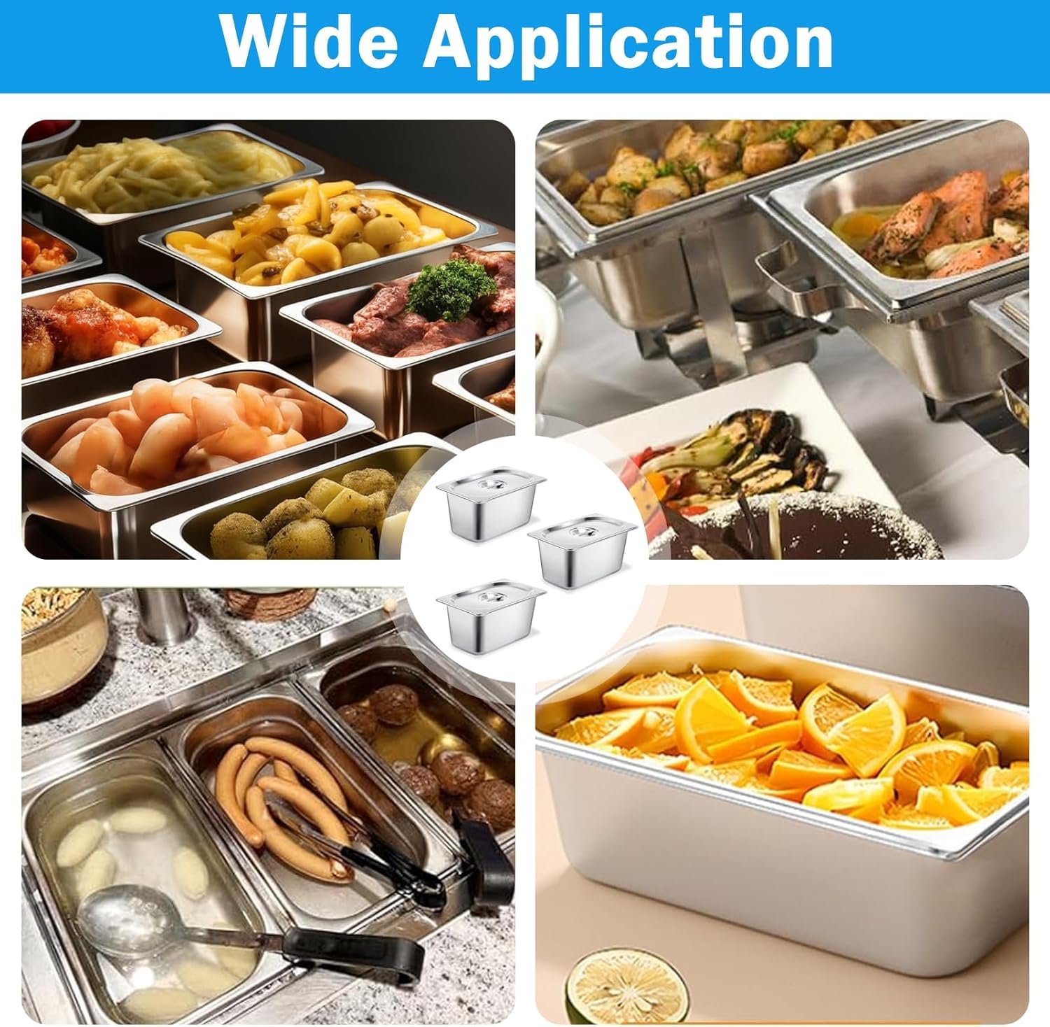 6 recipientes GN 1/3, 33 x 18 x 15 cm, de acero inoxidable con tapa, recipientes para alimentos, tartas, hoteles, etc