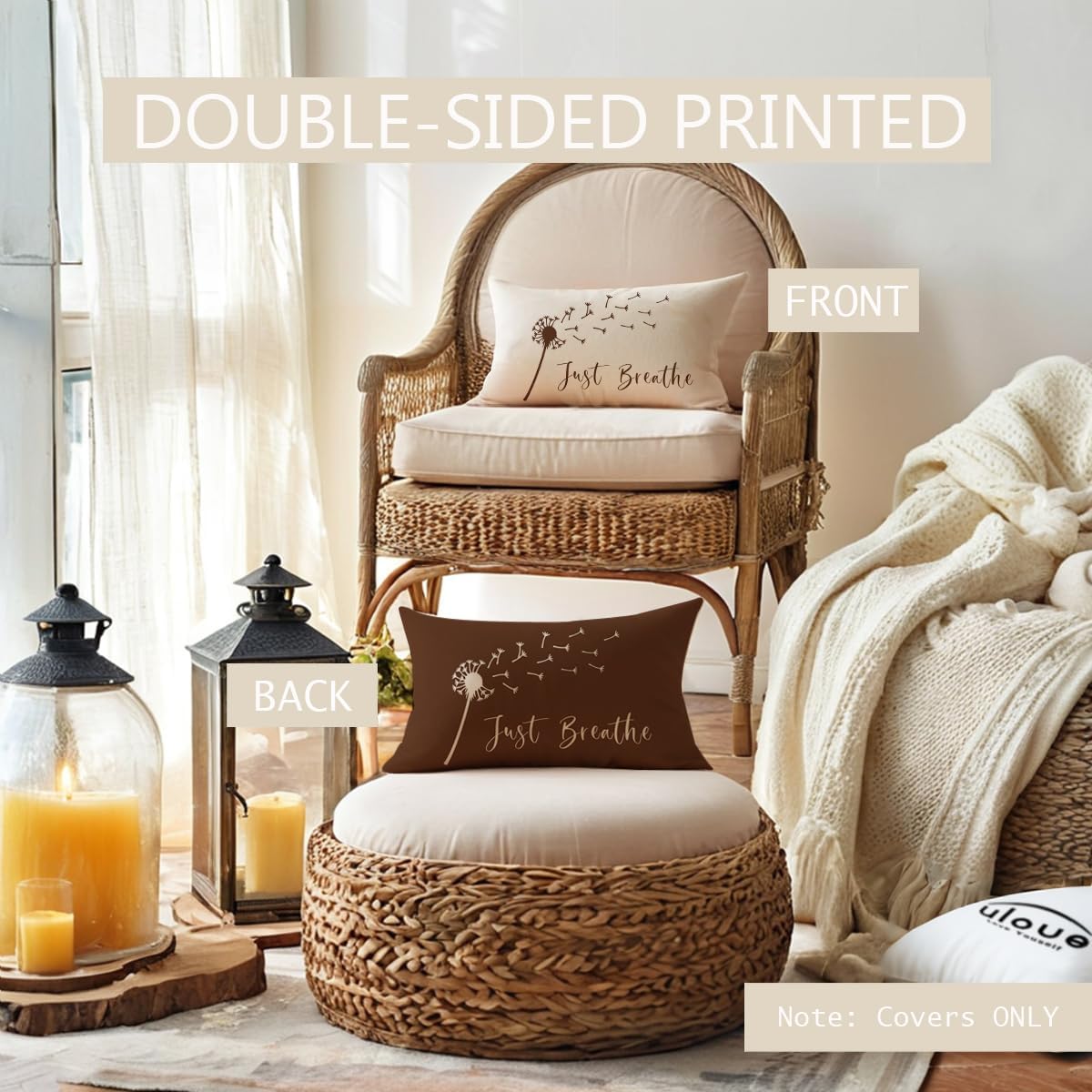 ULOVE LOVE YOURSELF Dandelion Throw Pillow Cover with Just Breathe Quote 12" x 20" Farmhouse Rustic Lumbar Pillow Covers Inspirational Cushion Covers Meditation Gifts (Brown) - Image 2