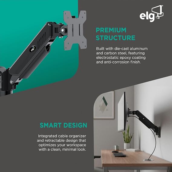 ELG Full Motion Monitor Wall Mount with Premium Gas Spring for 17-35 Screens 4.4-19.8 lbs, VESA 75x75mm to 100x100mm, Cable Organizer, Heavy-Duty Steel, Black