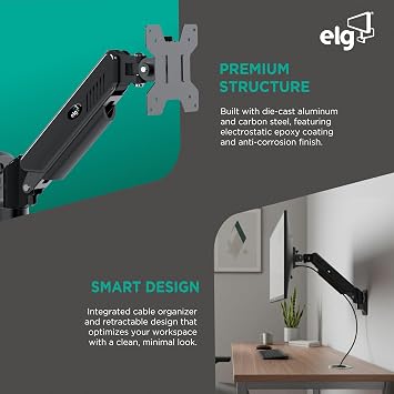 ELG Full Motion Monitor Wall Mount with Premium Gas Spring for 17-35 Screens 4.4-19.8 lbs, VESA 75x75mm to 100x100mm, Cable Organizer, Heavy-Duty Steel, Black