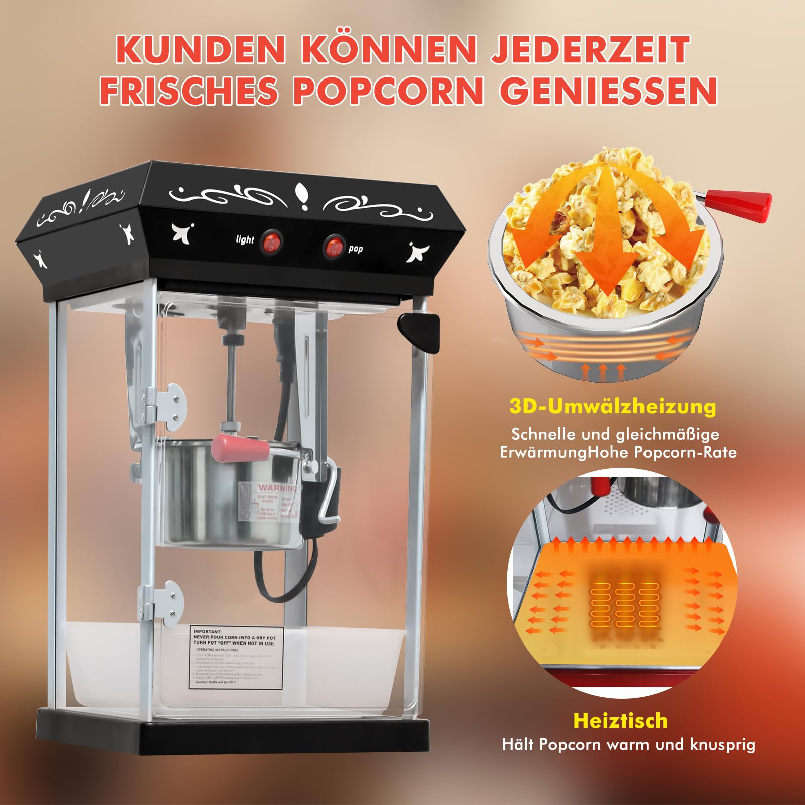 Popcornmaschine mit Wagen 8 OZ Kessel Popcornmaschine Groß,Entnehmbarer Topf Popcornmaker Retro Popcornmaschines,3 Schaufeln Kino-Stil Restaurant profi popcornmaschinen (Schwarz)