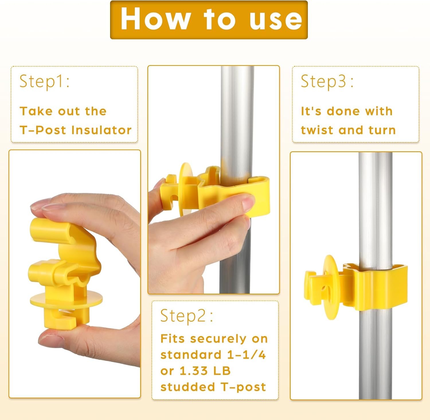 Geiserailie 300 Pcs T Post Insulators Shorter Wire Standard Snug Fitting T Post Clips Holding Insulators for Agricultural and Ranchers, Yellow