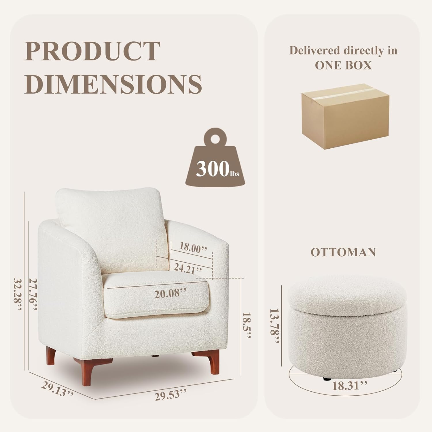 COLAMY Sherpa Accent Chair and Storage Ottoman Set of 2, Modern Upholstered Living Room Chair with Foot Rest, Armchair with Back Pillow and Wooden Legs for Living Room, Bedroom, Classic Cream