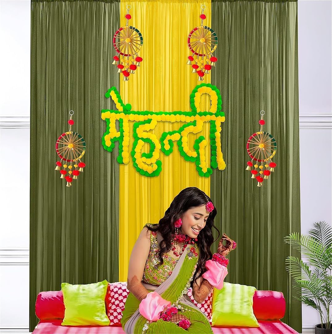 SpecialYou.in SpecialYou Haldi Mehendi decoration items for marriage with Green & Yellow chiffon Curtains with haldi decoration items, Mehendi board banner & Latkans for mehndi, wedding - 11pcs