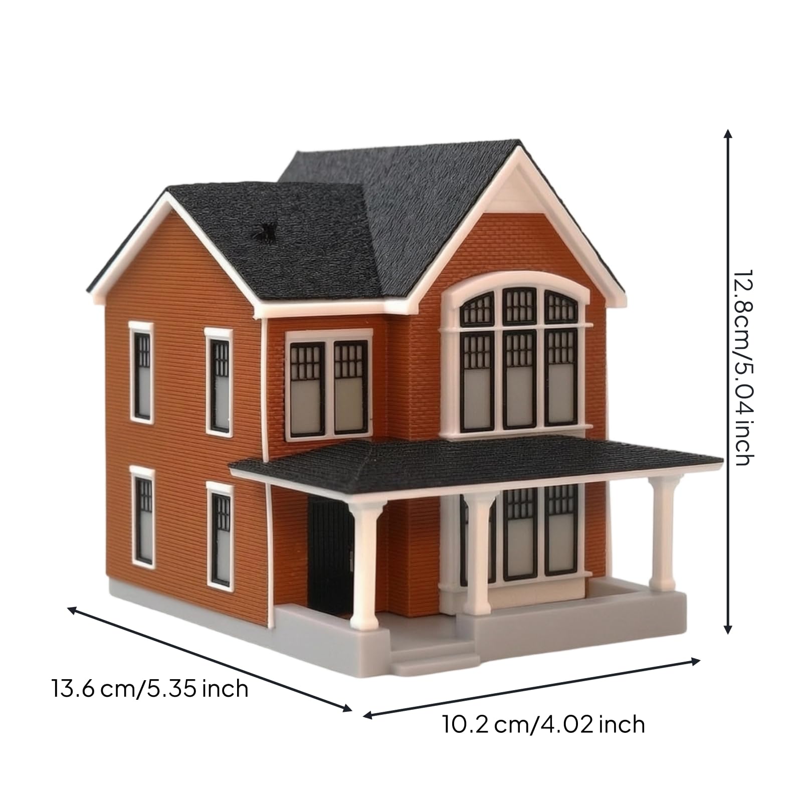 Miniatura Architettura Villa Modello Diorama Plastica Base Personalizzabile Due Piani Tetto a Due Falde Facciata Finestra Ad Arco Portico Colonne, Marrone Rosso