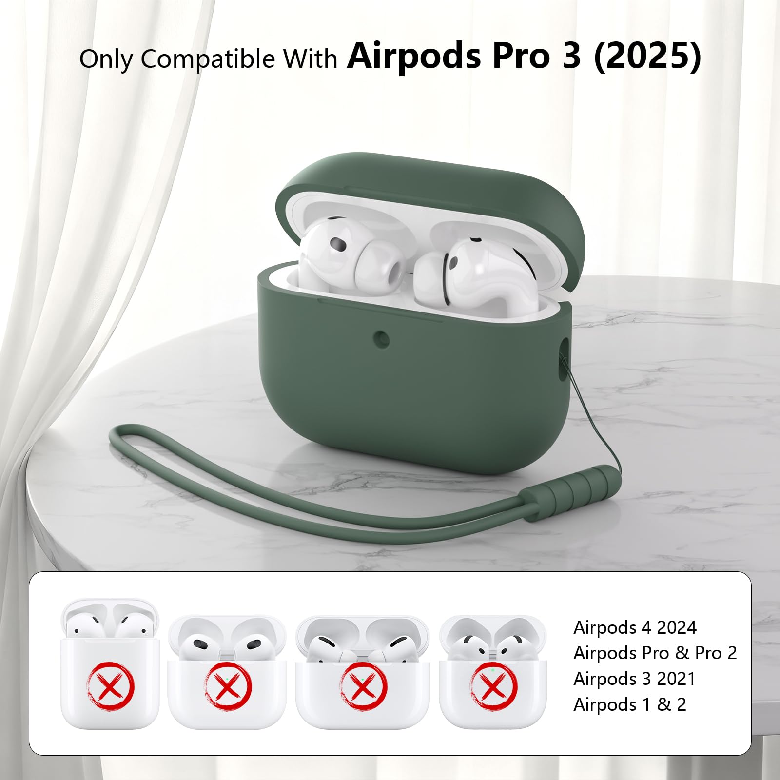 Custodia in Silicone Compatibile con Airpods Pro 3 Generazione Case, Case Cover Protezione Completa in Silicone Morbido per AirPods Pro 3 con Cordino, LED Anteriore Visibile, Deep Green - 2