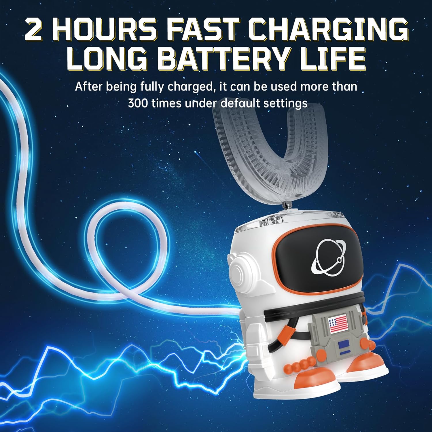Kids U-Shaped Electric Toothbrush with 4 Brush Heads, Sonic Toothbrush Kids with 5 Modes & 60s Timer, Cartoon Astronaut 360-Degree Cleaning, IP64 Waterproof & Dustproof (Ages 2-6)