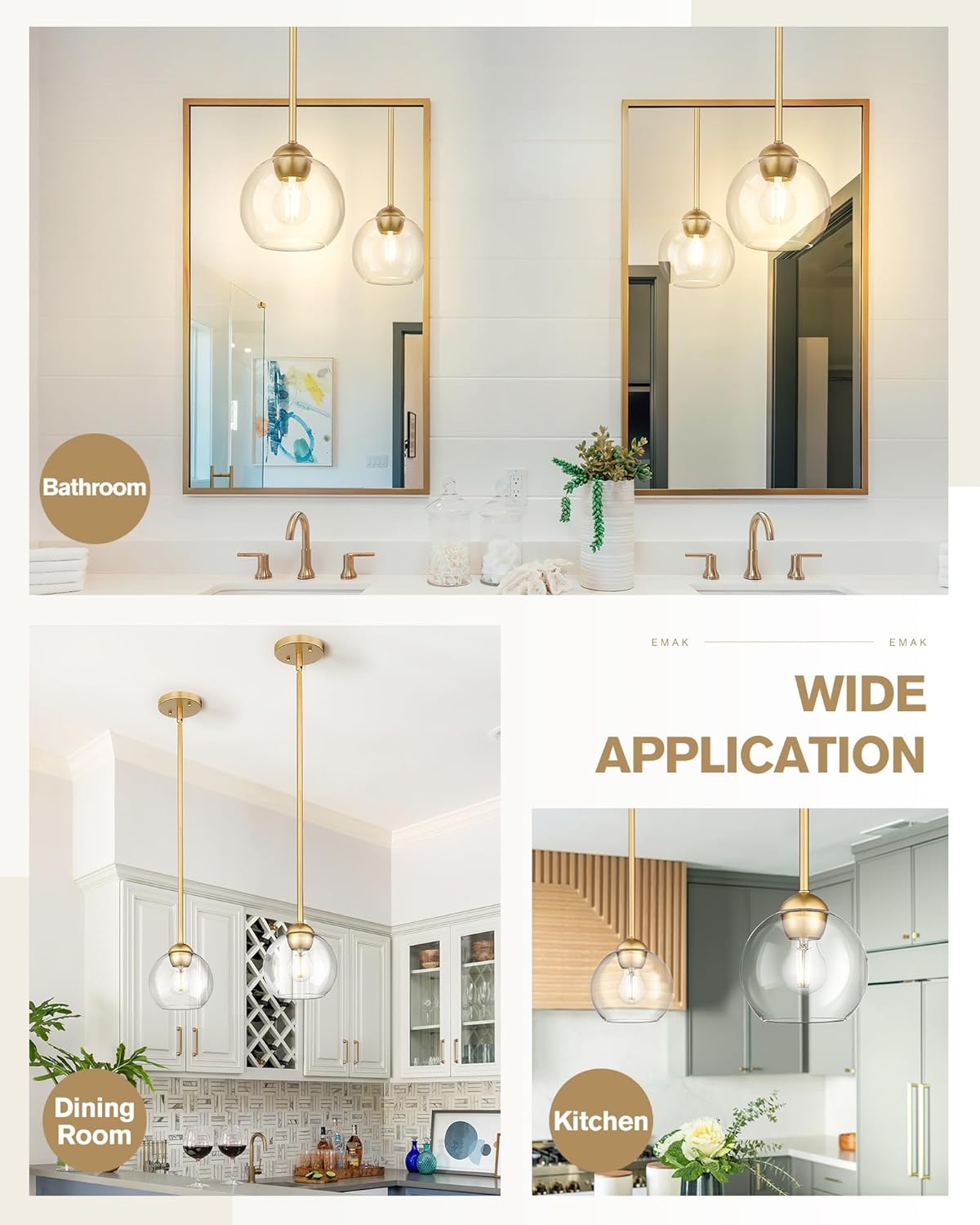 Emak Modern 7 Inch Globe Pendant Lights, Industrial Gold Pendant Light Fixtures, 1-Light Hanging Lights with Clear Glass Shade for Kitchen Island, Bedroom, Bathroom, Dining Room, Hallway, PL119-GD