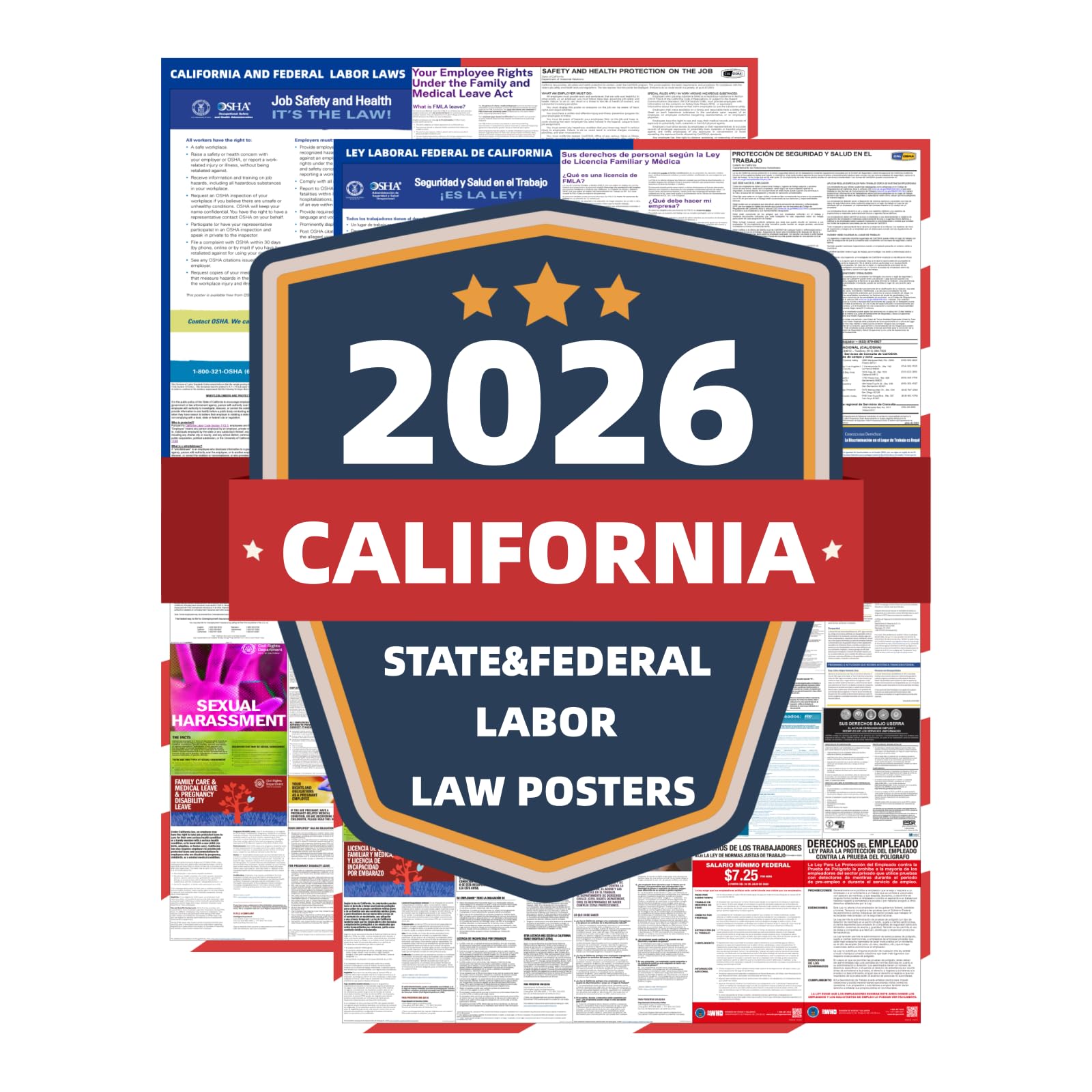 Photo 1 of KERMENG 2026 California State and Federal Labor Laws Poster - English & Spanish Combo - OSHA Workplace Compliant - UV Waterproof Laminated 24" x 36" - Mandatory Regulations Posting for Employees