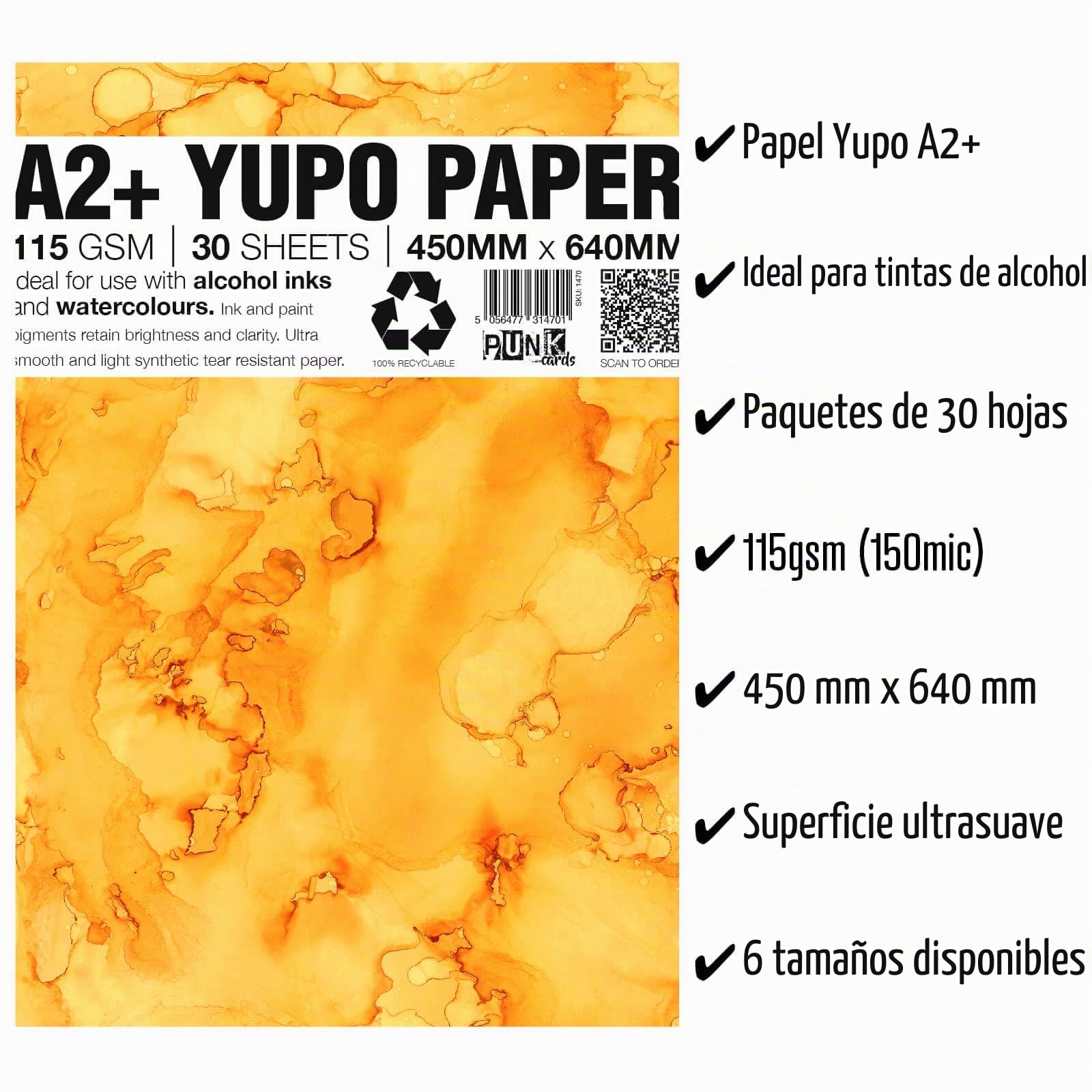Punkcards Yupo Paper - Tintas de alcohol - Papel Yupo A2 - Papel artístico de tinta de alcohol - para artistas y pintores - 30 hojas - 115 g/m² - A2+ - 450 mm x 640 mm