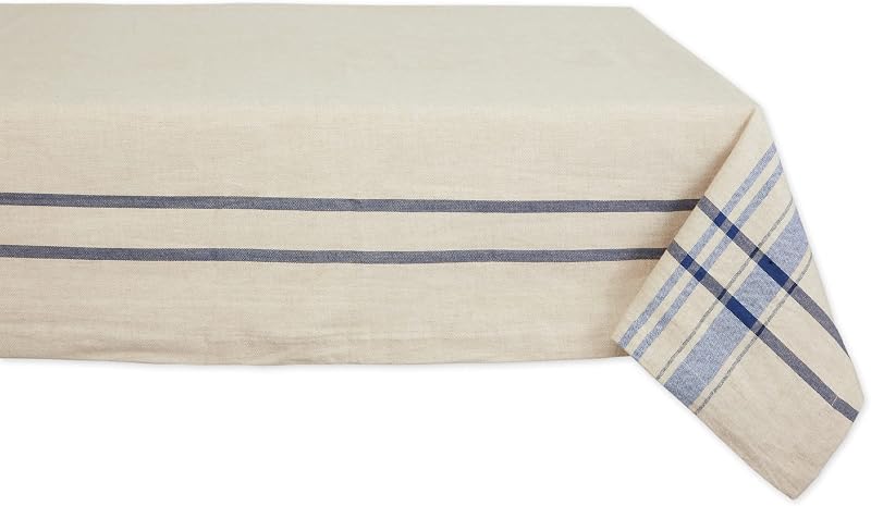 DII Colección de mesa de comedor a rayas francesas, mantel estilo granja, 60 x 120 pulgadas, color topo/azul