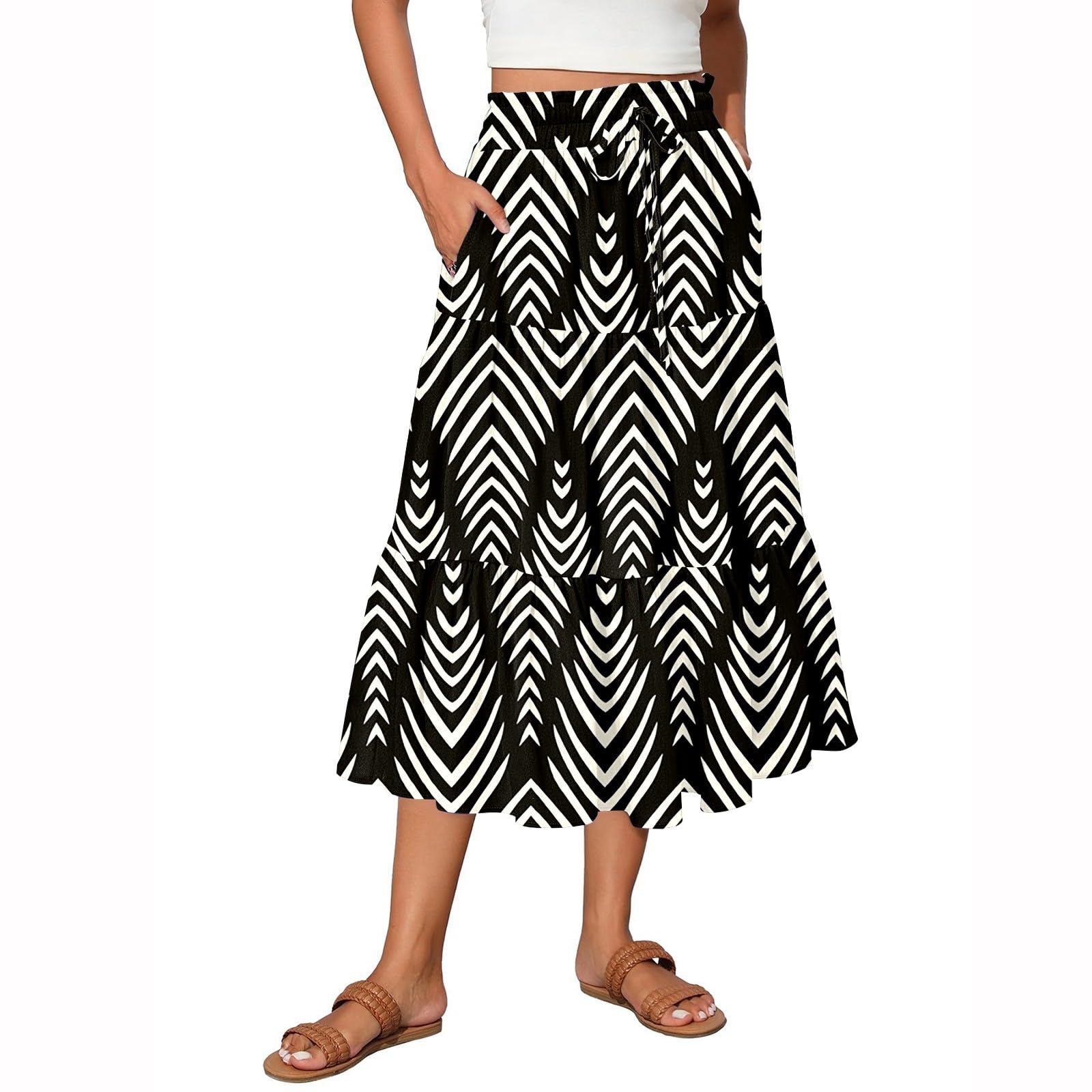 Floral Skirts for Women Trendy Knee Length High Waisted Boho Midi Skirts Cute Tiered Aline Flowy Skirt with