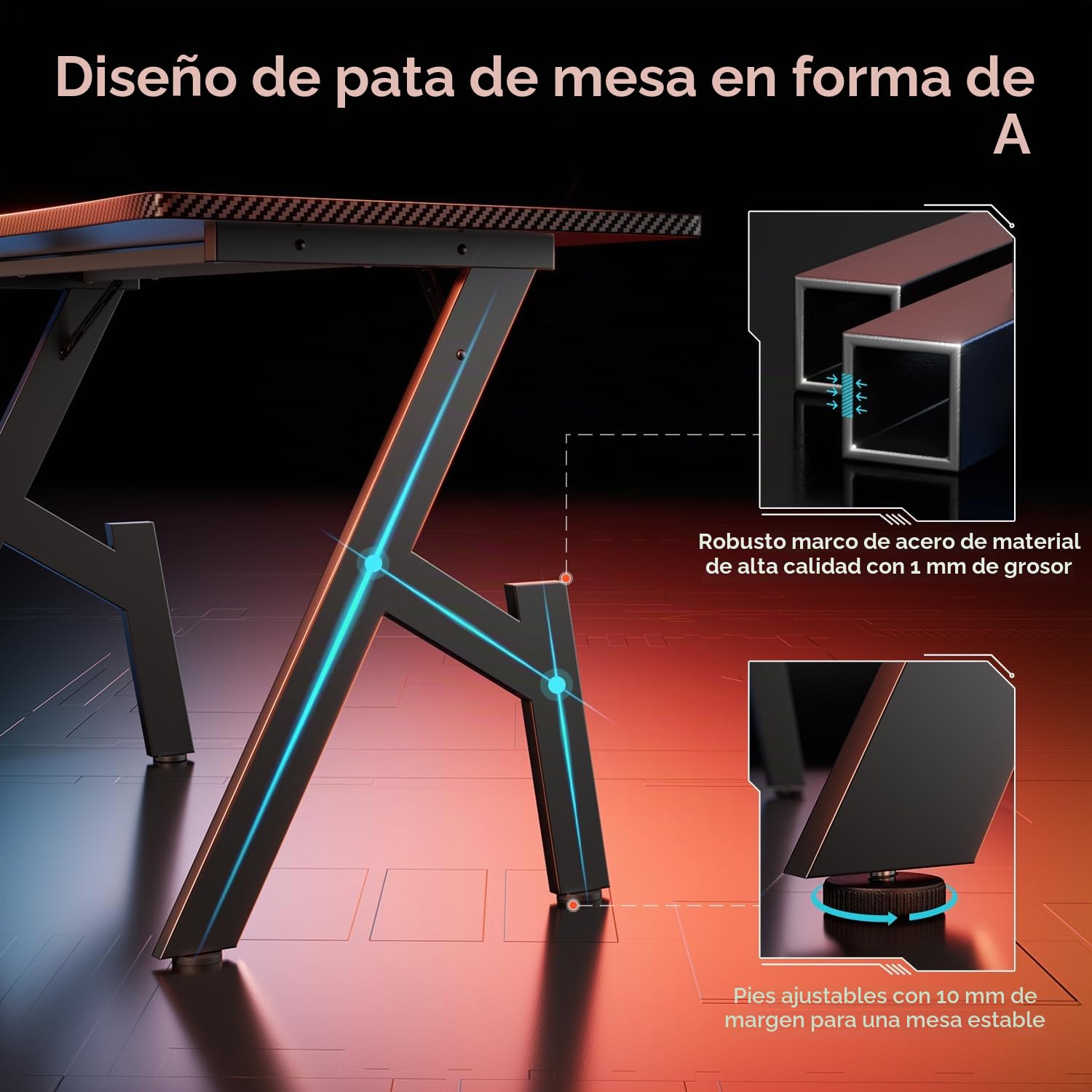 HLONONE Mesa Gaming 80 x 50 cm, Escritorio Gaming de Fibra de Carbono, Mesa Escritorio Ergonómica, Mesa Gamer, Escritorio de Ordenador para Hogar, Oficina, Estudio y Sala de Juegos, Negro | Escritorio ergonómico para videojuegos con superficie de fibra de