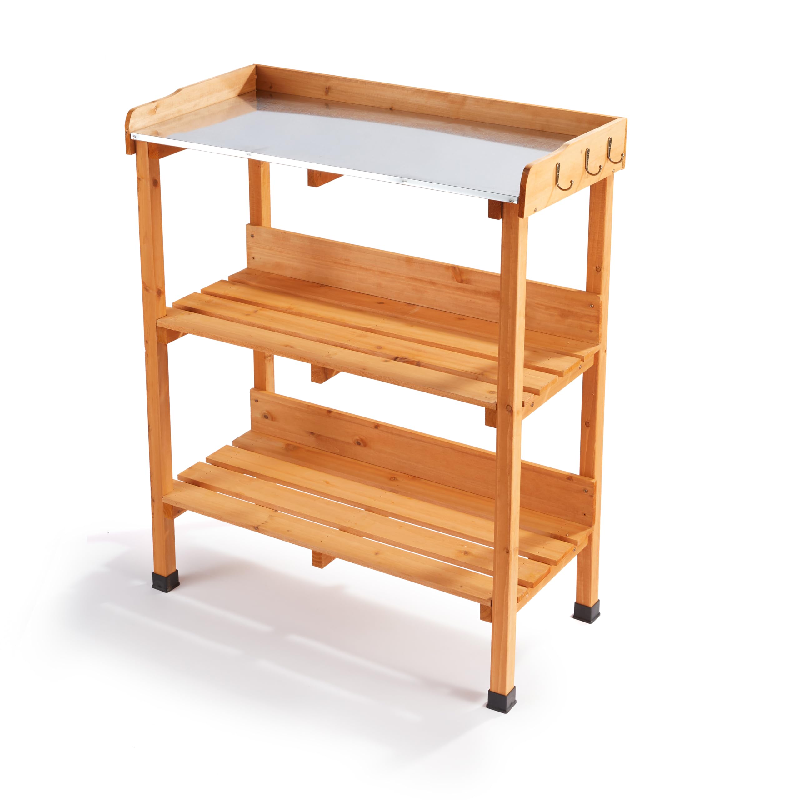 GARDEN TIME Wooden Potting Table with Galvanised Metal Worktop – 3 Tier Garden Workbench with Storage Shelves & Tool Hooks – Outdoor Planting Bench for Patio, Greenhouse & Gardening