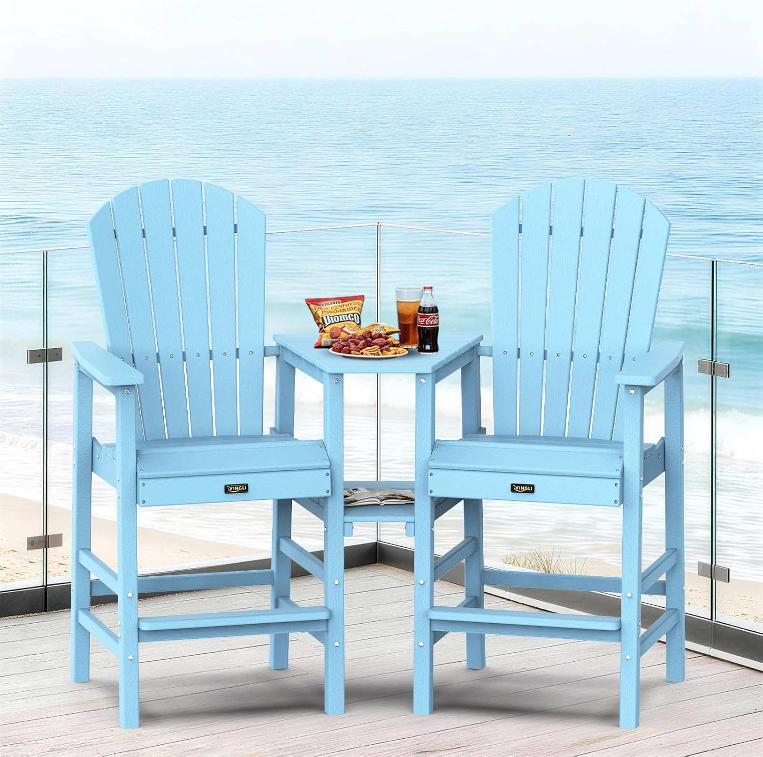 VINGLI Tall Adirondack Chairs Set of 2 with Dual Trays, All-Weather HDPE Outdoor BarStools Poly Deck Chairs for Patio, Poolside and Balcony (Blue)