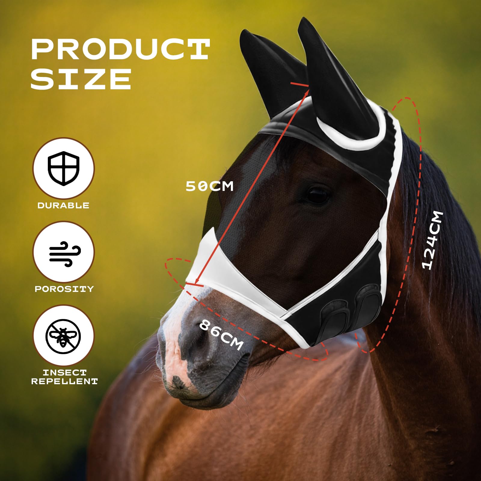 Máscara antimoscas para caballos transpirable malla fina ajustable protección orejas antiUV negro L