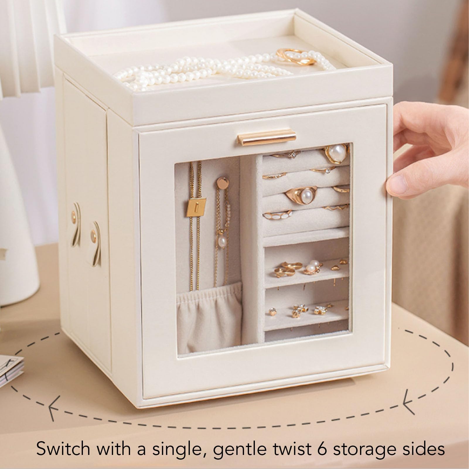 GLOGLOW Skórzany Organizer na biżuterię, Wielopoziomowy futerał do Przechowywania Biżuterii, Duża pojemność 18,5 X 16 X 21,5 Cm dla Kobiet Kolczyki Pierścionki Naszyjniki Skórzany Organizer na