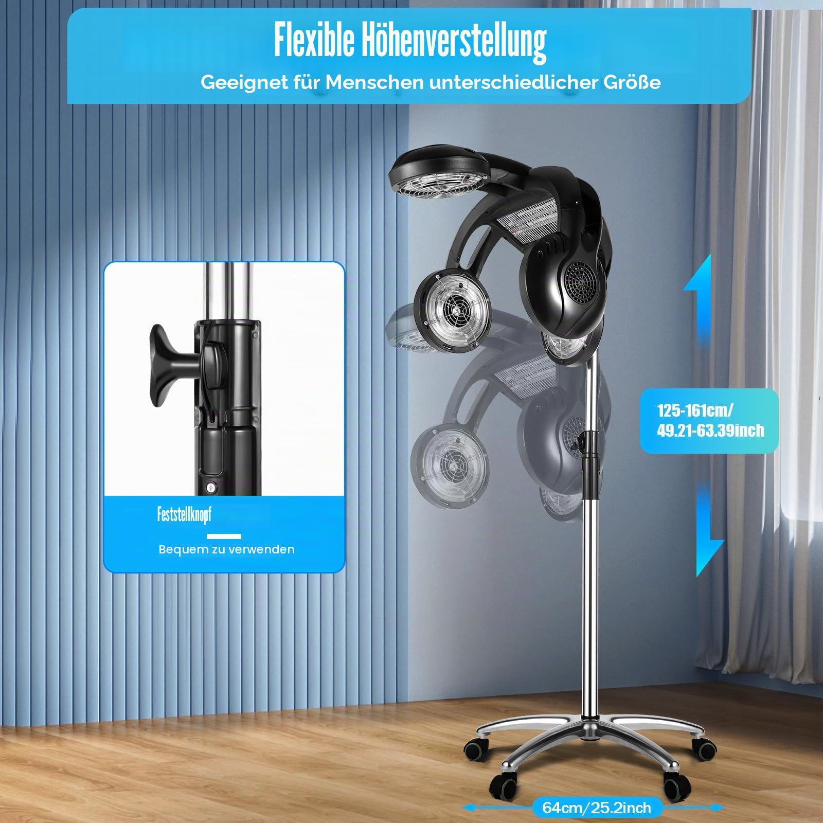 Salon Friseur Trockenhaube 1400W Haartrockenhaube Heizung Trockenhaube Bodenständer für Friseursalon mit Standfuß, 125-160cm höhenverstellbar, einstellbare Temperatur 40-75℃, 60min Schaltuhr