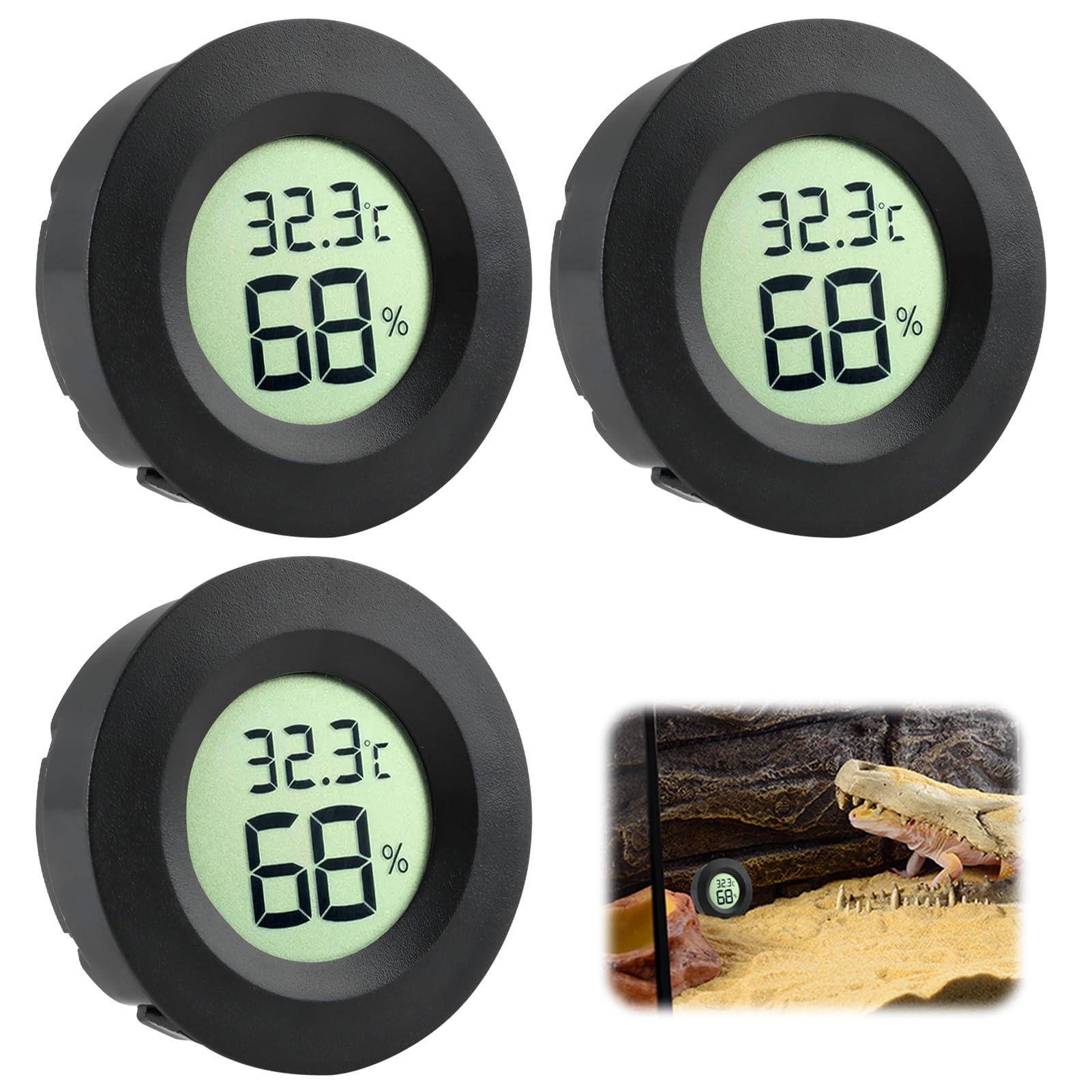 3Pcs Digital Reptile Thermometer Hygrometer Gauge, Compact Vivarium Temperature and Humidity Monitor, With Switchable Celsius Fahrenheit, Terrarium Accessories for Gecko Tortoise and Reptile Enclosure