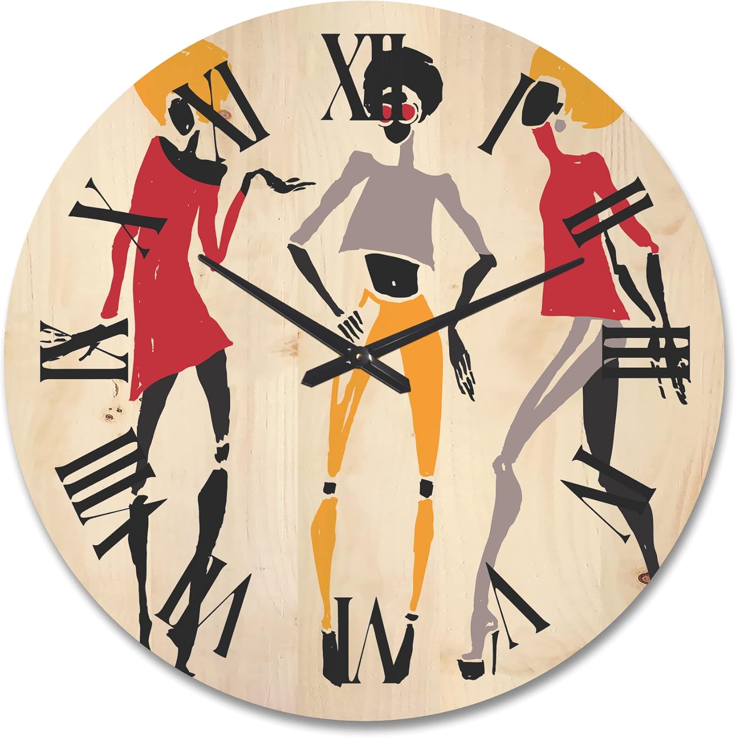 'African American Women Silhouettes Red and Yellow I' Modern Wood Wall Clock Large Decorative People Wall Clock Oversized Wood Clocks for Living Room Décor
