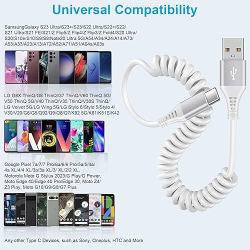 Miniatura 7 de Cable en espiral USB C para Android Auto, paquete de 2 cables retráctiles tipo C de carga rápida Samsung Cable de carga rápida para Samsung Galaxy