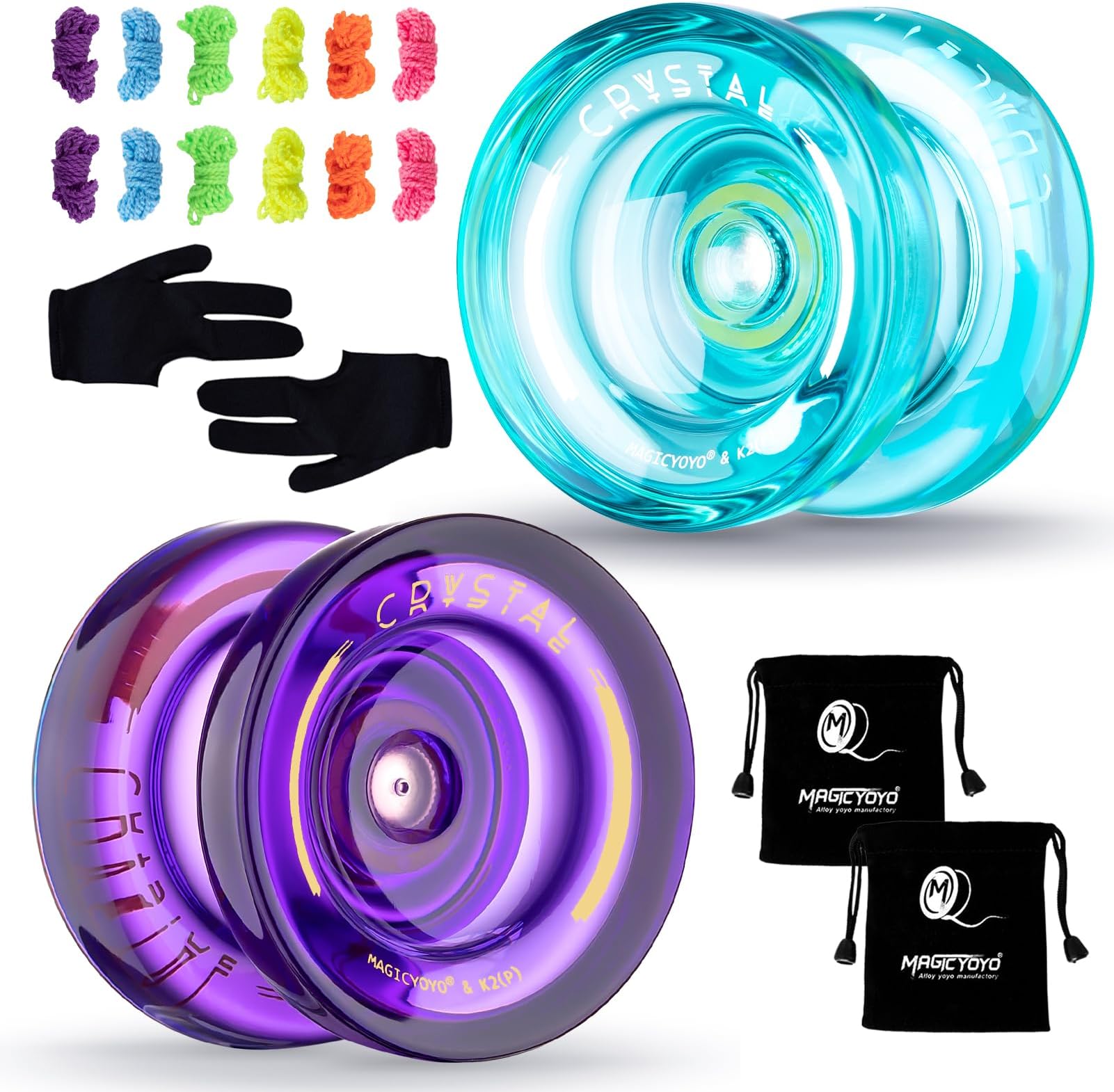 MAGICYOYO RESPONSIVE YOYO -K2 Beginner Yo-Yo Gloves, 2 Yoyo Bags, 12 Yo-yo Strings (Crystal Green + Crystal Purple)