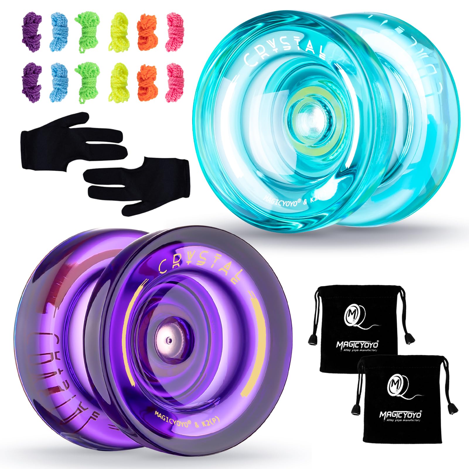 K2 Responsive Yoyo for Kids Beginners Yo-Yo with 2 Yoyo Gloves, 2 Yoyo Bags, 12 Yoyo Strings (Crystal Green+Crystal Purple)