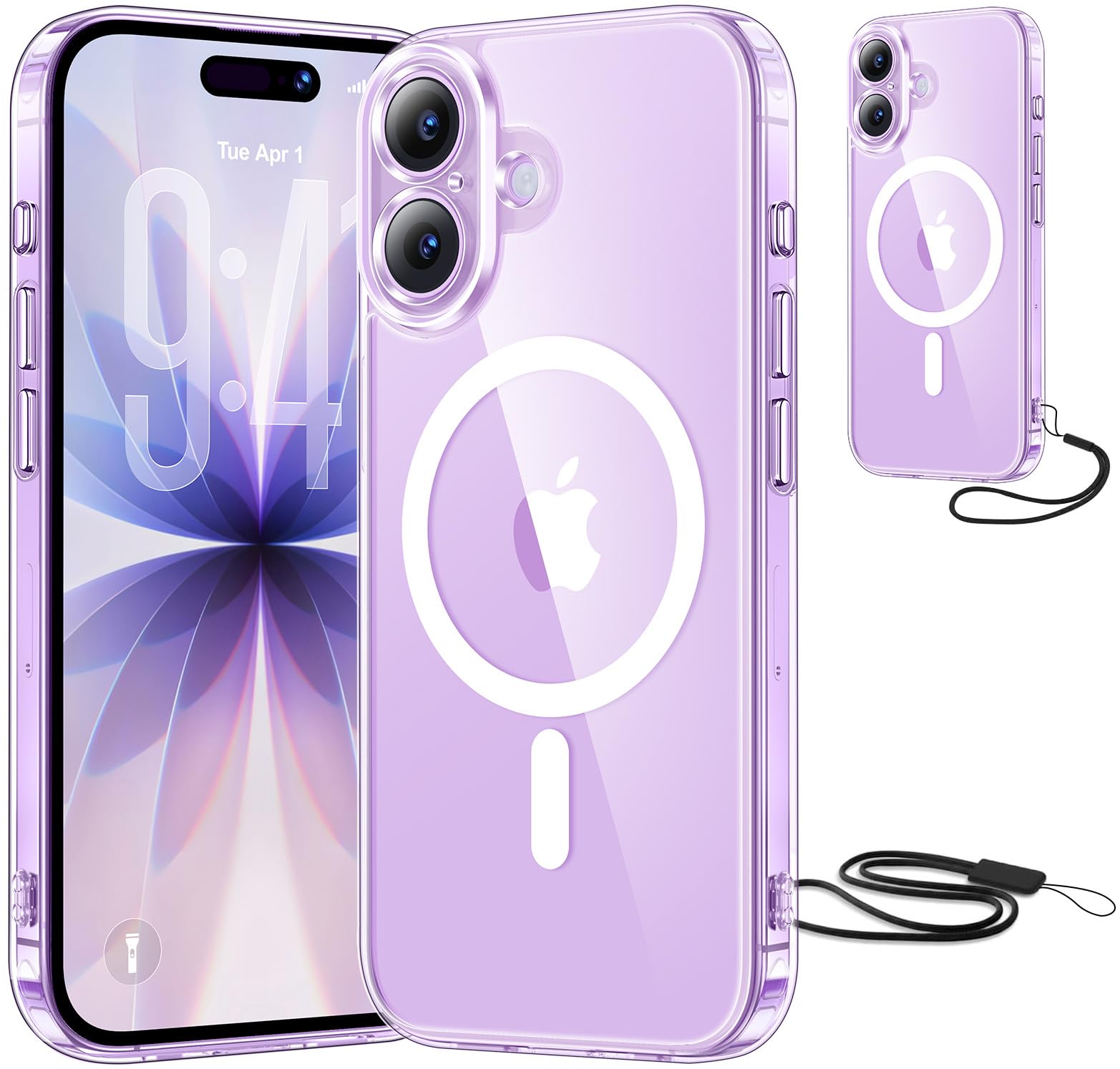 Opkiegrn Magnética Funda para iPhone 17 con Cuerda, Protección Lente Cámara, Compatible con MagSafe, con Negro Cordón Carcasa [Anti-Amarillo] Ultra Fina Funda para iPhone 17 6,3" -Transparente