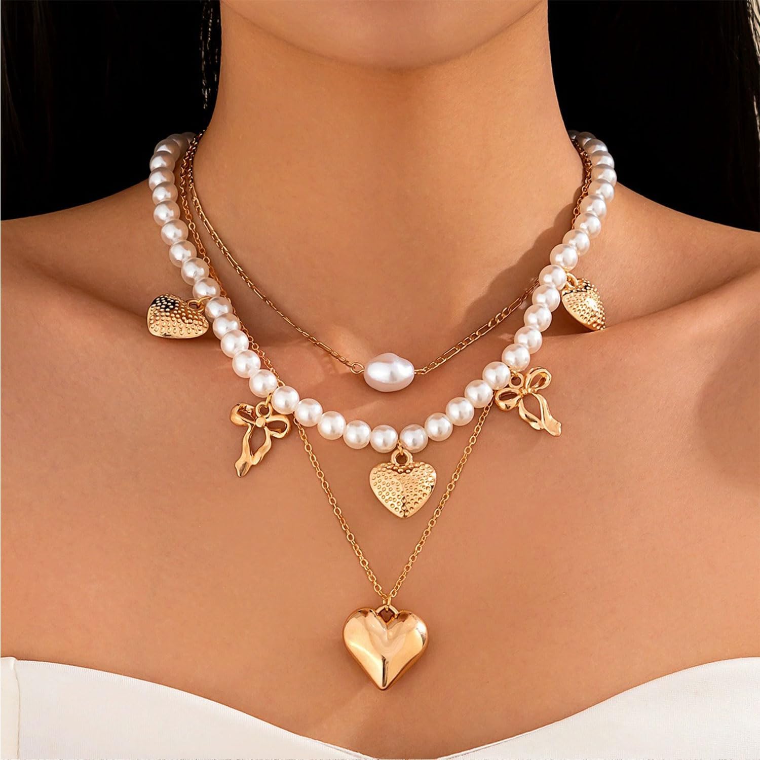 Gold Heart Necklace for Women Pearl Heart Bow Charm Necklace Chunky Heart Necklaces Layered Hearts Necklaces Trendy Jewelry Gifts for Women - Image 2