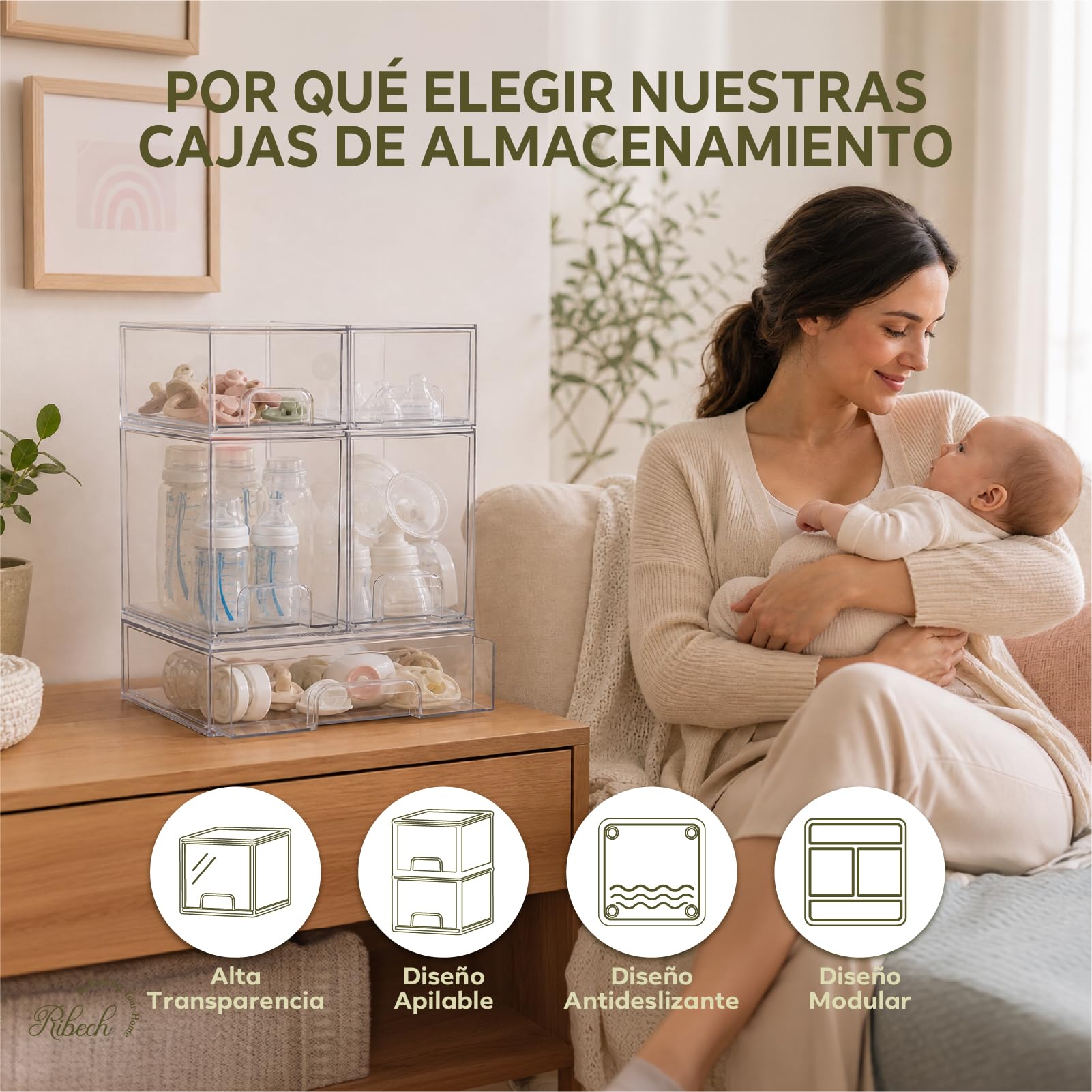 Juego de 5 Cajones de Almacenamiento de Acrílico Transparente | Apilable, con manija, fácil de instalar, para armarios de cocina y baño, cómodas, biberones y Cosméticos