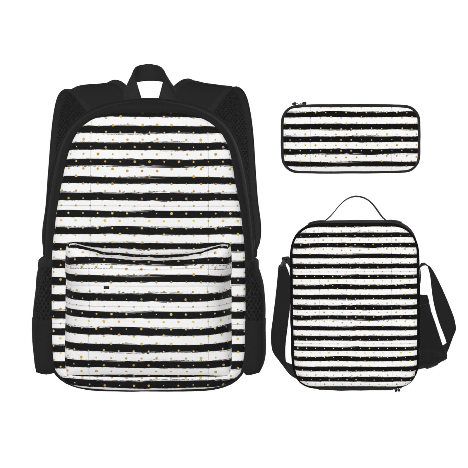 YHBLYKXP Ink and Gold Dot Stripes print 3-Piece Casual Backpack Set (Backpack + Waist Bag + Small Pouch), Unisex Daypack