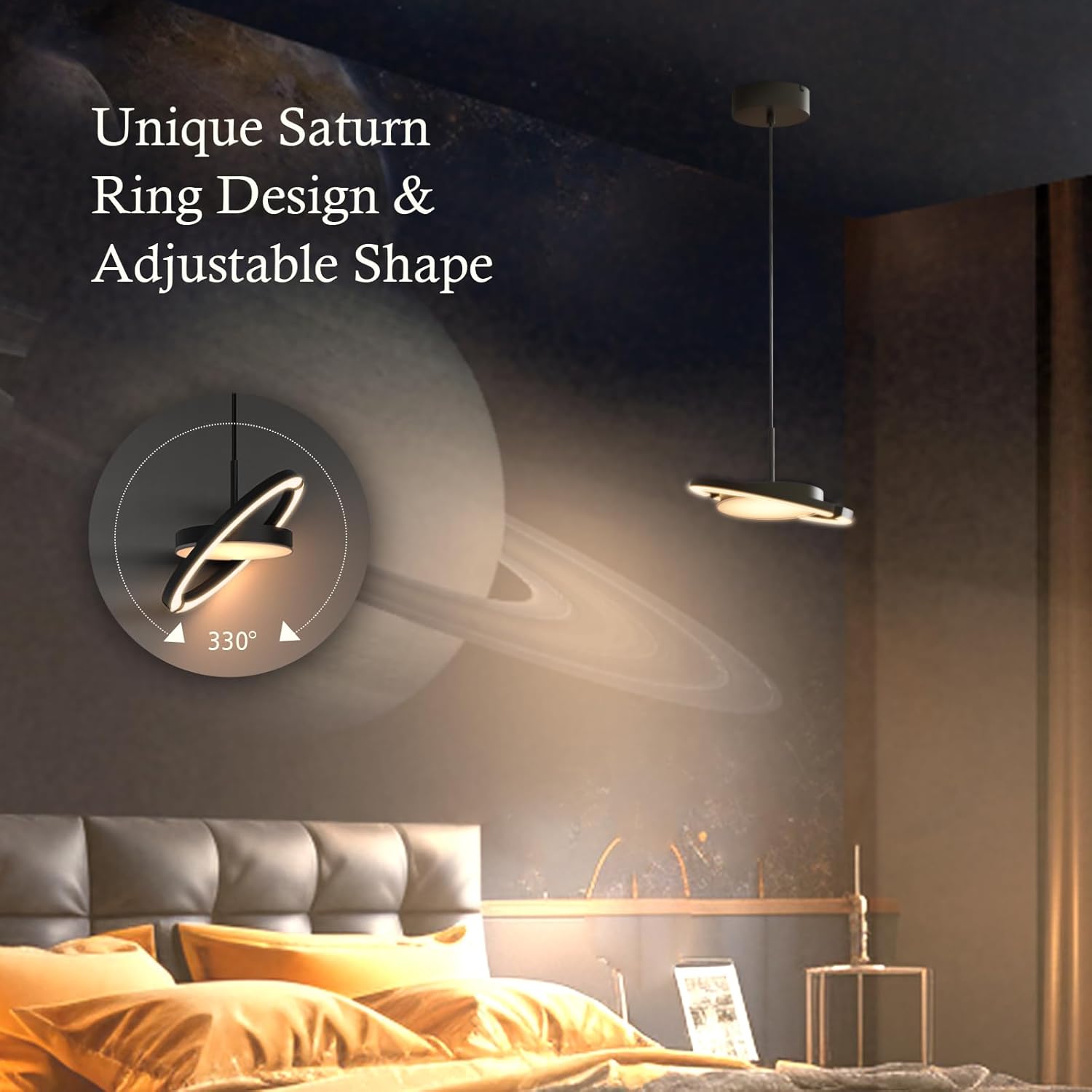 Image showing the 330-degree rotatable outer ring of the FIMEI LED Saturn Pendant Light, allowing for adjustable light direction.