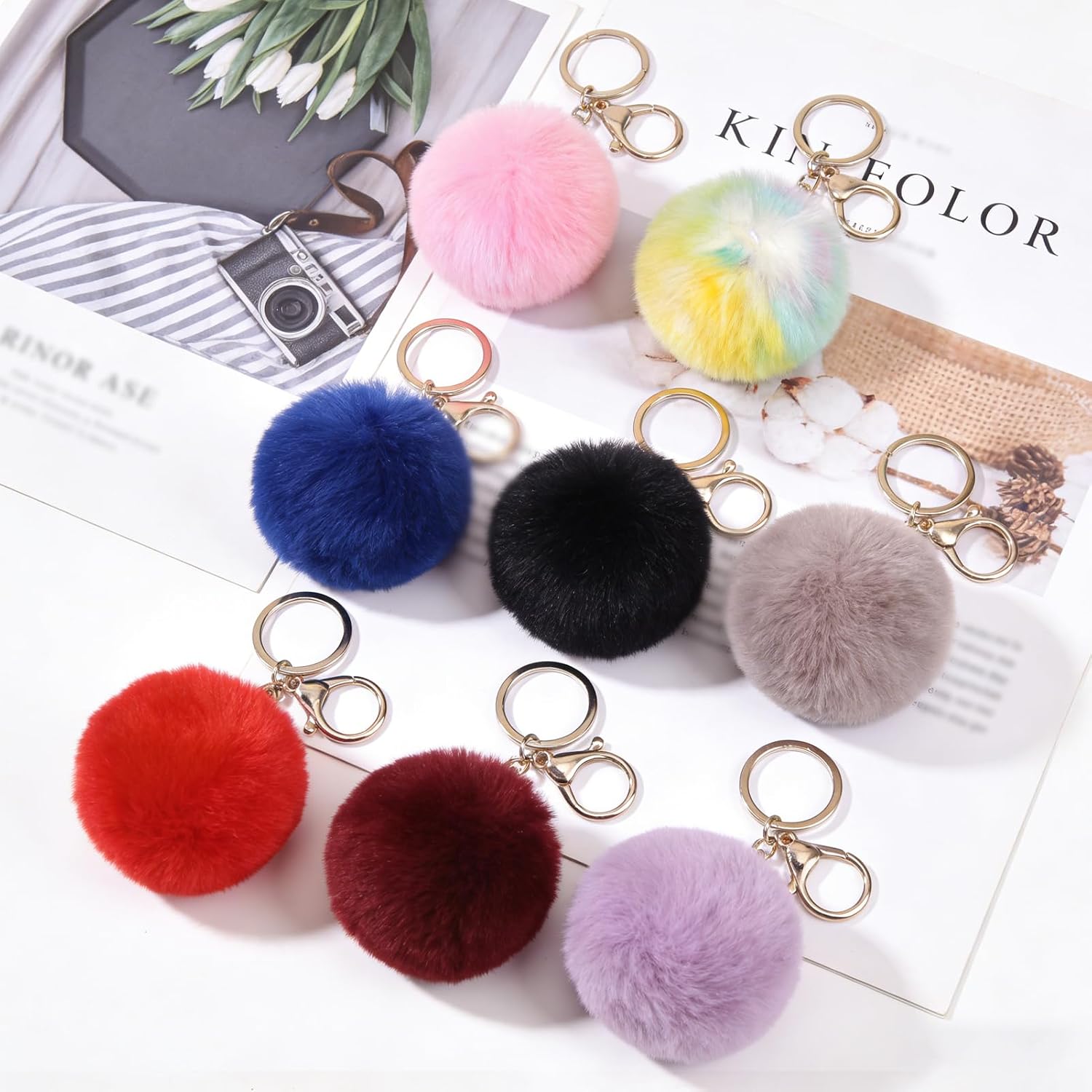 10 Pcs Small Faux Fur Pom Pom Balls 3.15 Inch Faux Fox Fur Fluffy Pompom Ball with Elastic Loop for Hats, Shoes, Scarves, Gloves, Bags, Key Chain Charms Accessories (Rainbow)