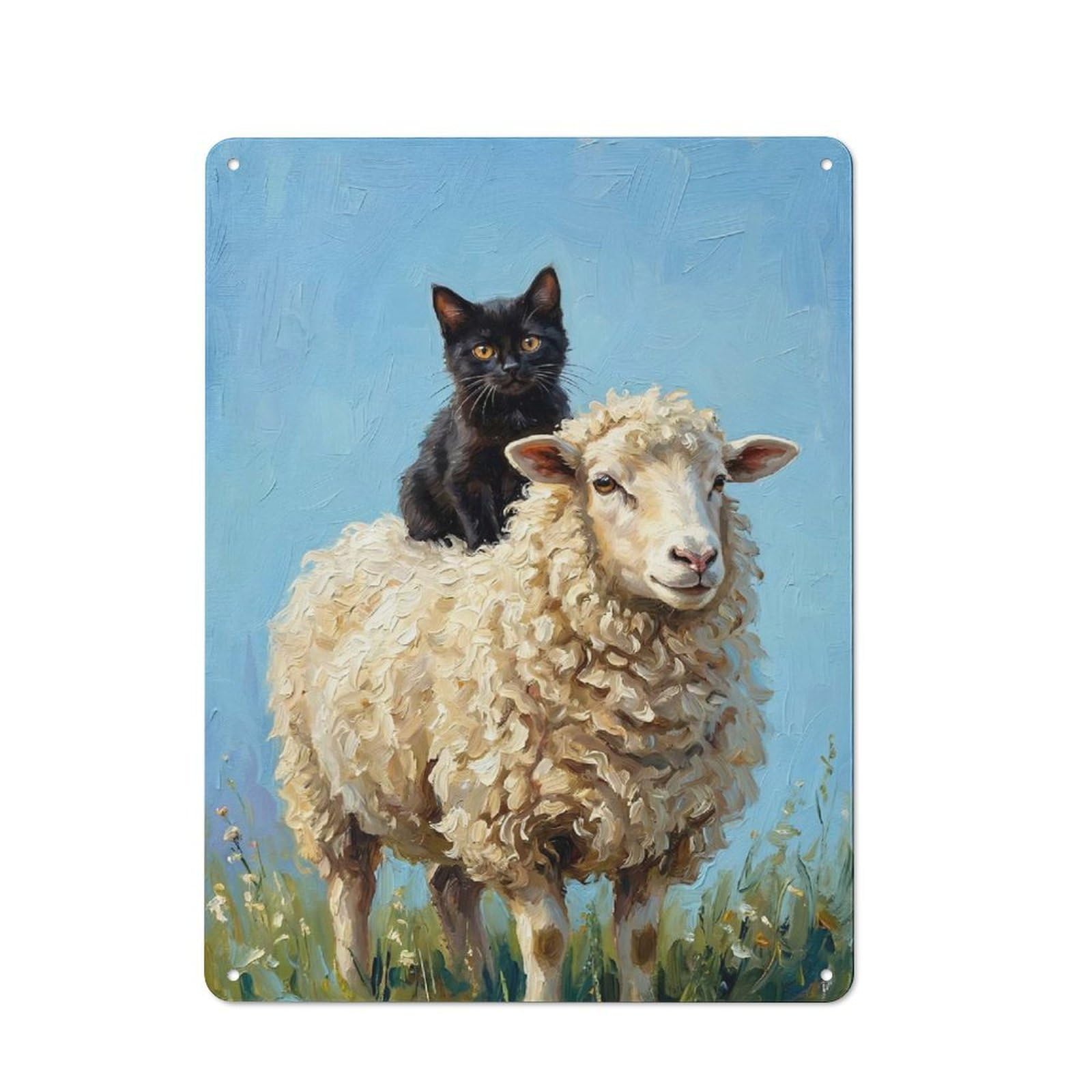 Junmoney Style-21 Black Cat Riding A Sheep Tin Sign 40X30cm For Workshop Wall, Vintage Wall Decor, For Metal Sign Collectors, For Garage And Workshop Walls