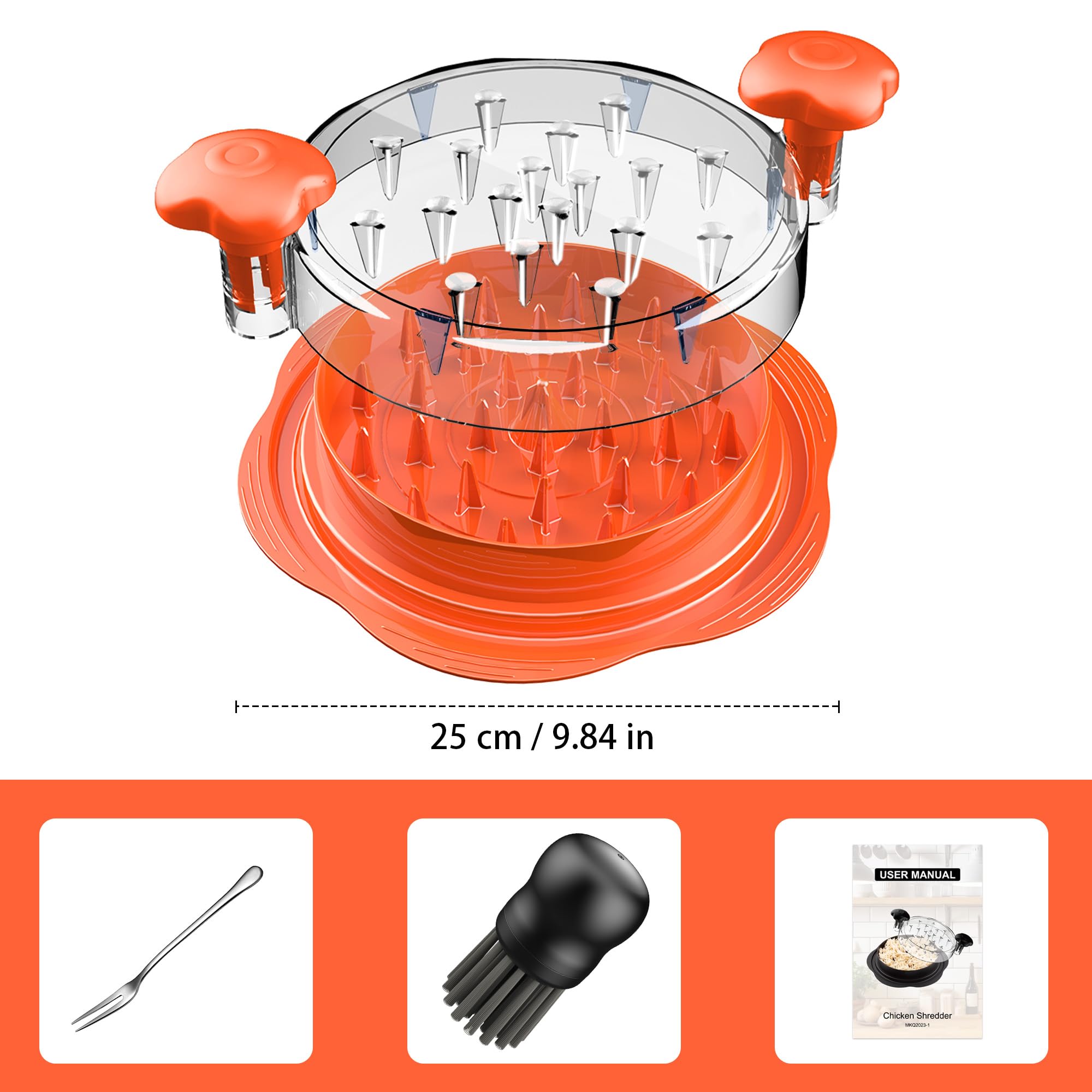 Chicken Shredder Large Chicken Breast Shredder Tool Twist with Brush&Fork, Visible Meat Shredder Machine, Anti-Slip Strip, Ergonomic Handle, BPA Free, Suitable for Pork Beef Chicken(Orange)