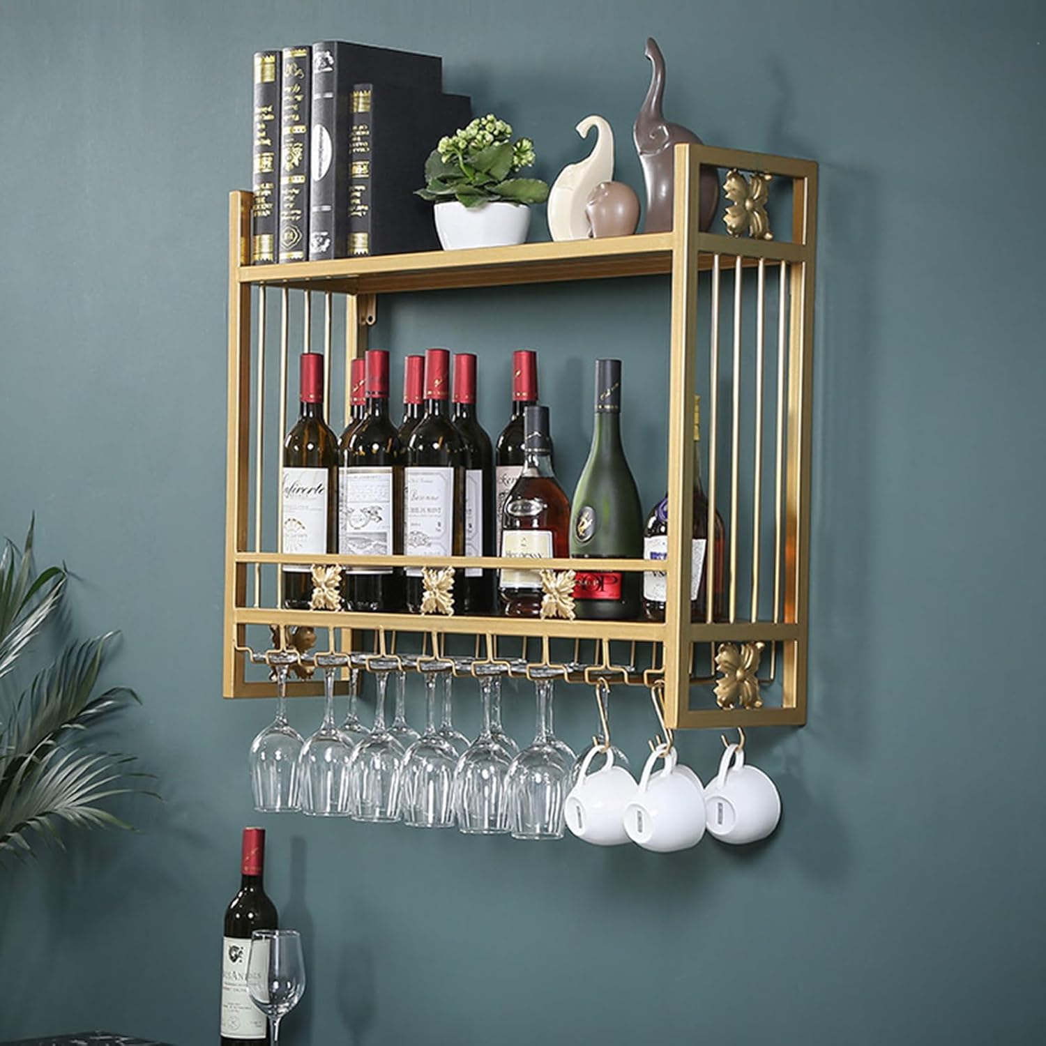 Wall Mounted Wine Rack with Glass Holder, Bottle Rack Wine Bottle Rack, Rustic Wine Bottle Rack, Metal Wine Rack, Wine Rack for Home, Restaurant, Bar (