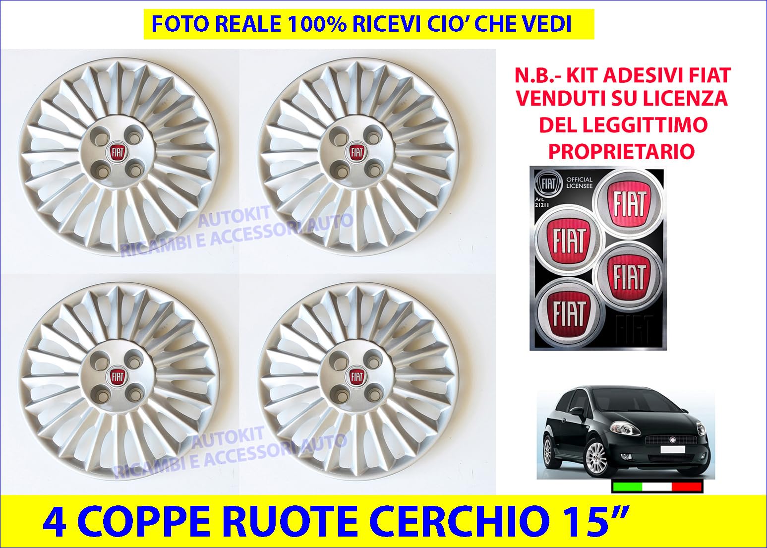KIT 4 COPRICERCHI COPPA RUOTA SPECIFICHE PER GRANDE E PUNTO EVO Prodotte dal 2005 in poi Cerchio diametro 15'' + KIT ADESIVI - 729/15-21211